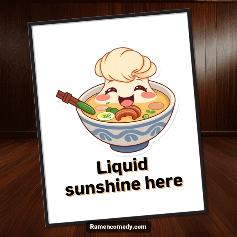 Funny ramen broth digital art print, smiling character beaming from bowl, cute soup illustration.