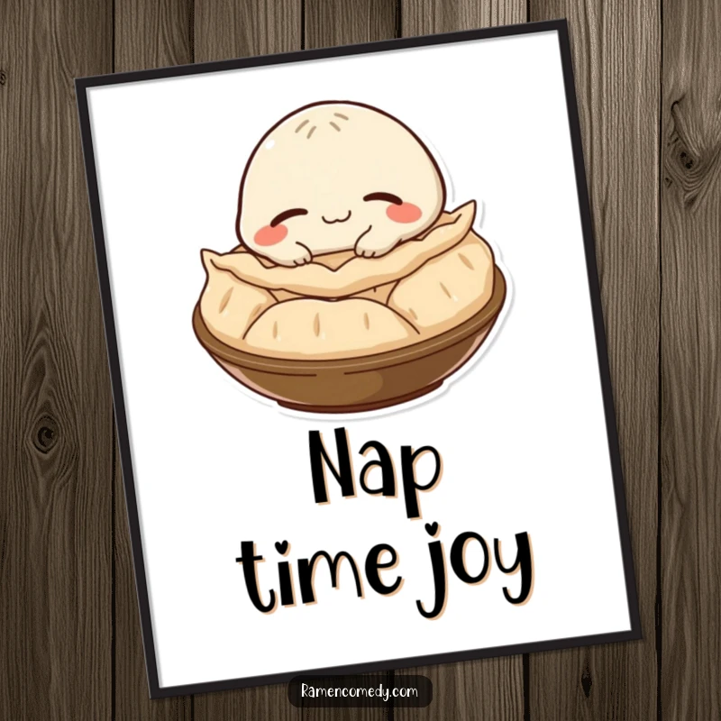 Funny happy gyoza character with a satisfied smile, napping on a steaming pile, available as a high-resolution digital art print.