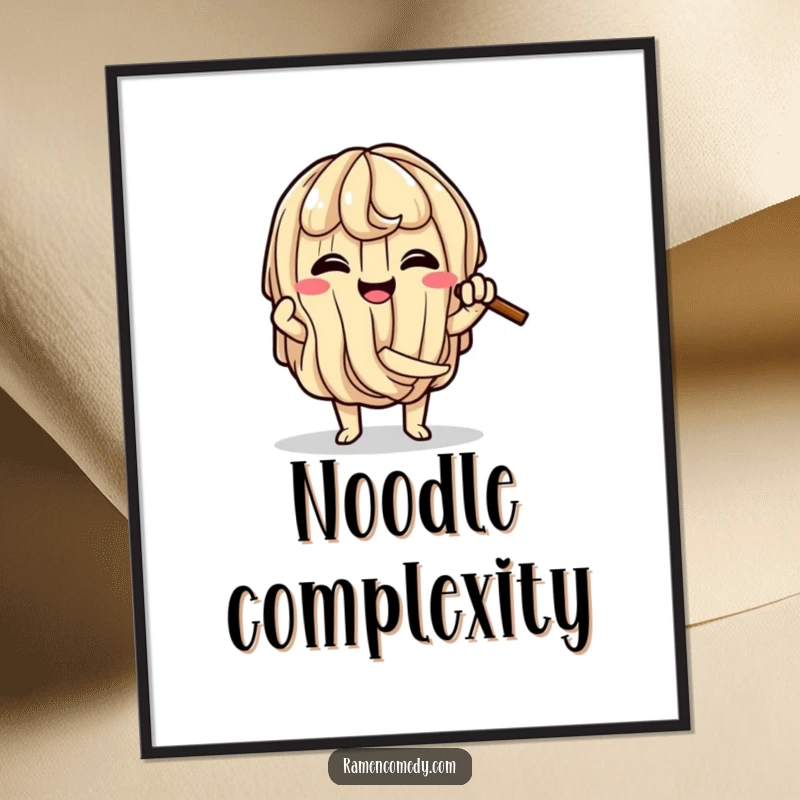 Funny Ramen Knot Digital Art Print of a happy ramen noodle character comically tying itself into a knot, for instant decor.