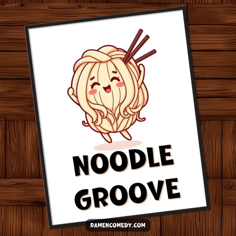 Funny Digital Art Print: Printable art of a happy udon noodle character dancing with chopsticks.