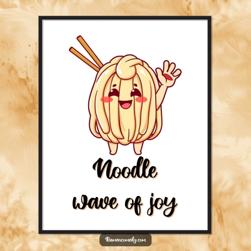 Funny digital art print of a cheerful udon noodle character waving energetically, a welcoming food-themed illustration.