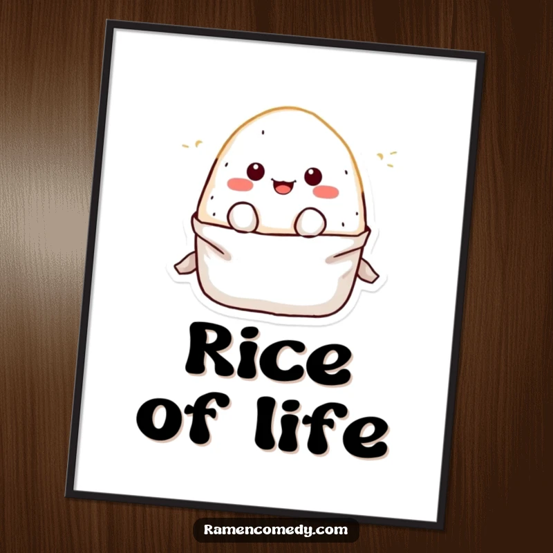 Funny Digital Art Print of a cute onigiri rice ball character playfully popping out of its wrapper, designed for immediate visual delight.