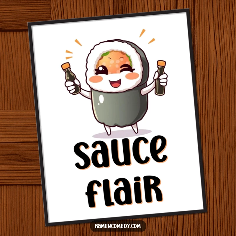 Funny sushi roll character winking and juggling soy sauce bottles, available as a high-resolution digital art print.