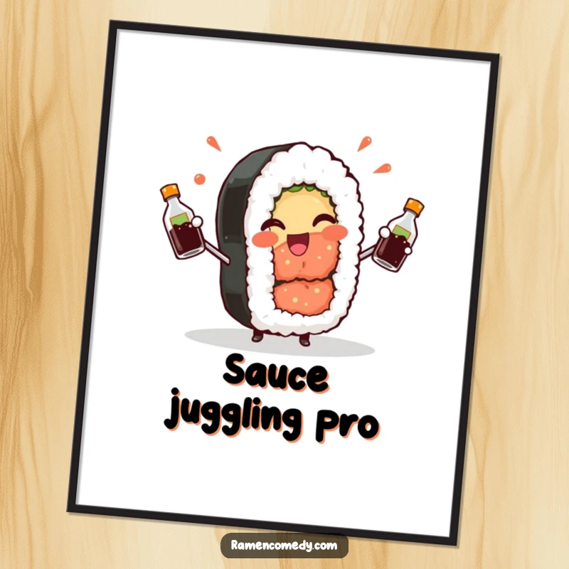 Funny Sushi Roll Digital Art: A cheerful sushi roll winks playfully while juggling soy sauce, offering instant food humor.