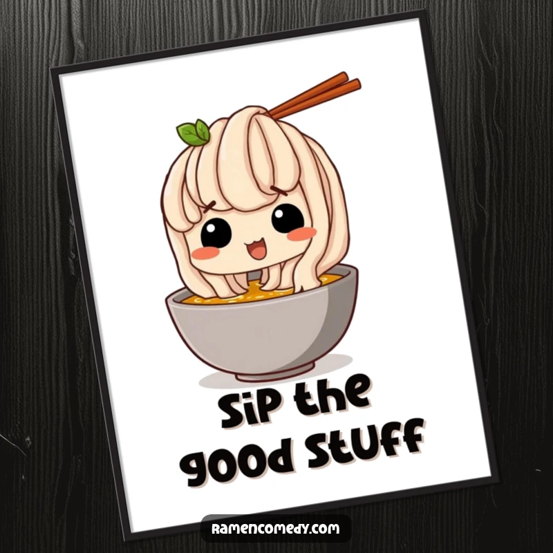 Funny Digital Art: A happy udon noodle comically sneaks a sip of broth, creating a whimsical and downloadable noodle-themed print.