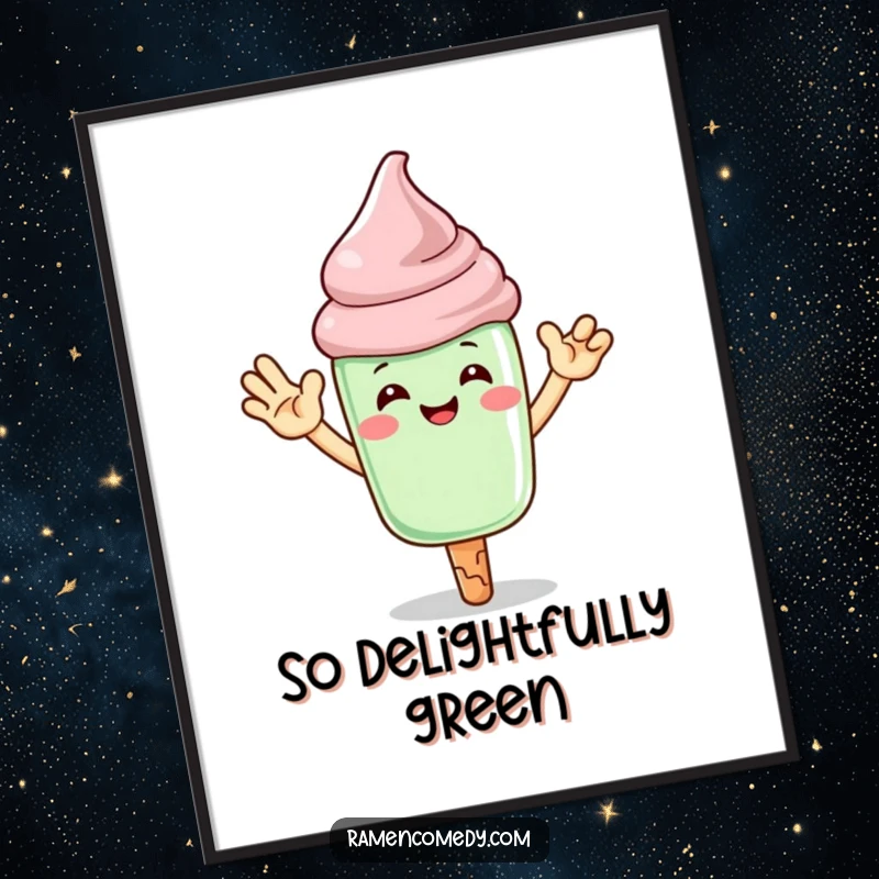 Funny matcha ice cream digital art print of a cheering character giving a high-five, ready for download.