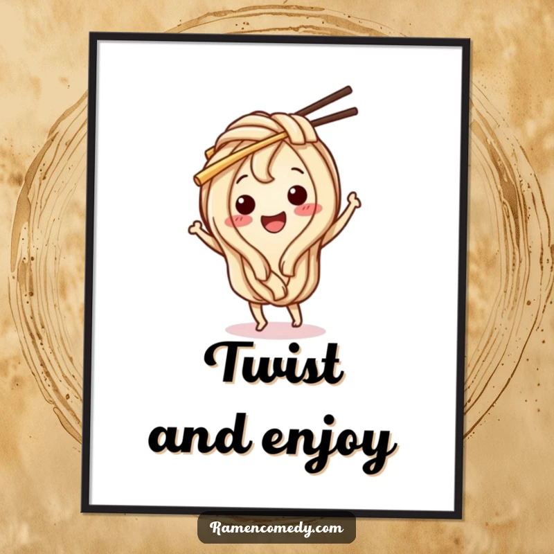 Funny Udon Noodle Digital Art: A happy udon noodle character dances with chopsticks, offering instant food-themed cheer.