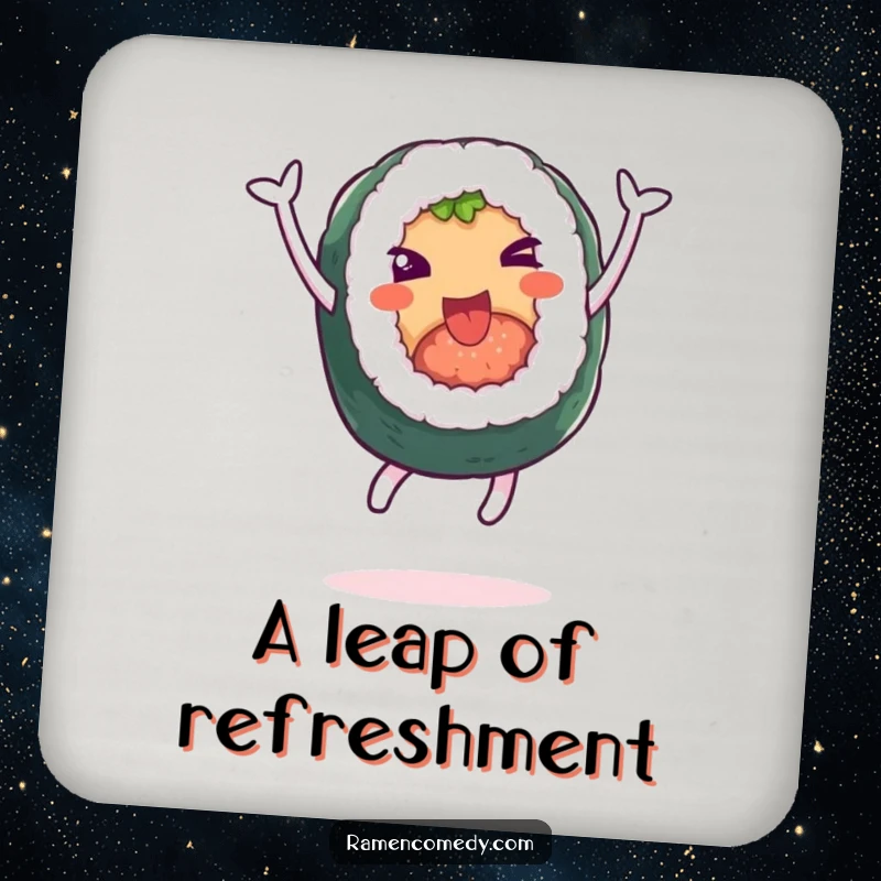 Funny drink coaster featuring a cheerful sushi roll character leaping with pure, funny joy.