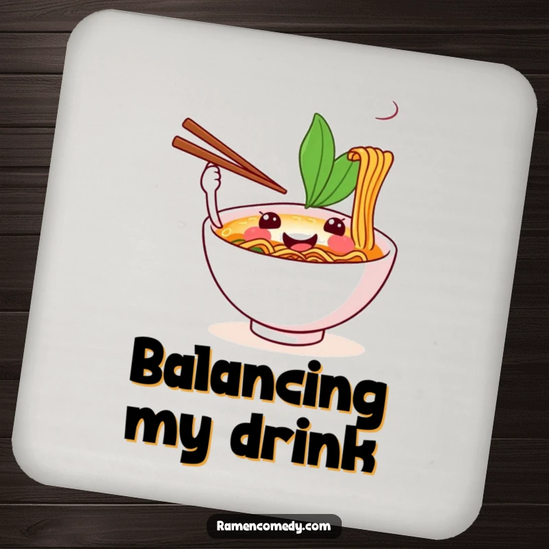 Funny drink coaster illustration of a happy ramen bowl juggling chopsticks, adding humor to surfaces.
