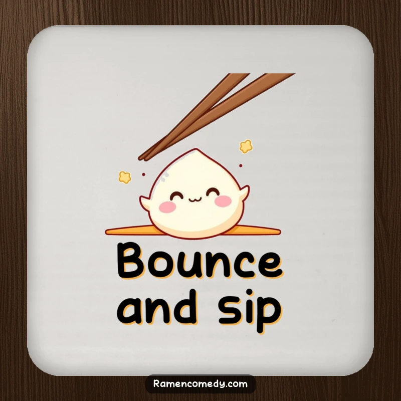 Funny Mochi Drink Coaster featuring a smiling mochi character joyfully bouncing between two gigantic chopsticks, adding humor.