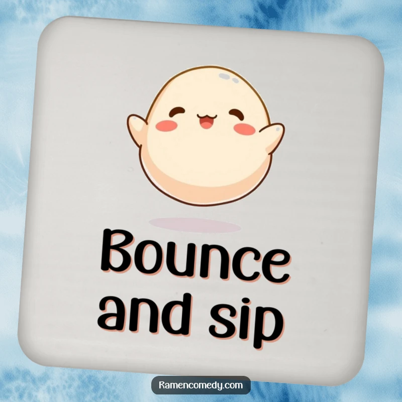 Funny Dumpling Bounce Drink Coasters, a cartoonish dumpling happily bouncing like a tiny ball, protecting surfaces.