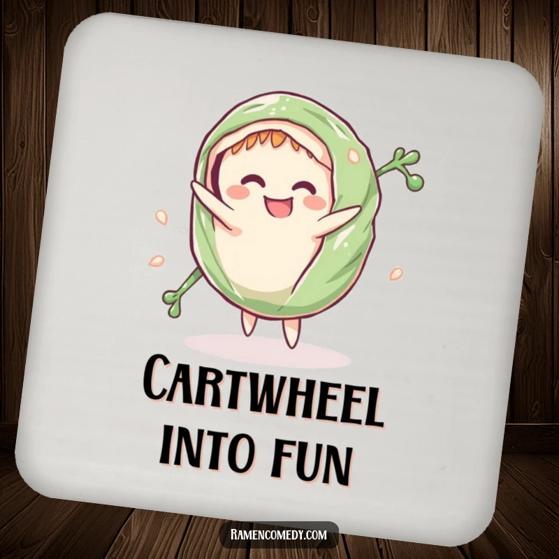 Funny Coaster: A grinning seaweed wrap comically does a cartwheel, bringing fun and sushi humor to your drinks.