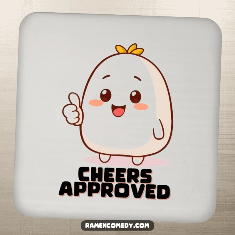 Funny drink coaster showing a smiling onigiri character giving a thumbs up, adding artistic humor to tabletops.