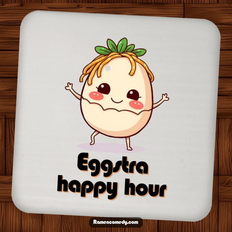 Funny Coaster featuring a smiling ramen egg with tiny legs kicking up happily, adding humor and protection to any surface.