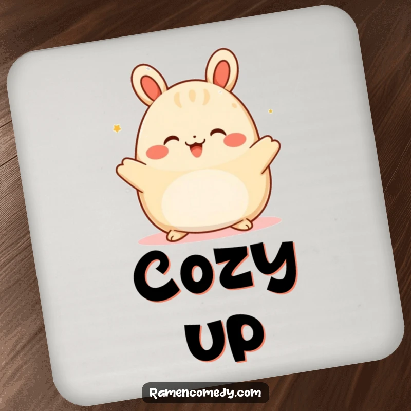 Funny happy bao bun drink coaster, a cute character offering a warm embrace, adding comforting humor to tables.