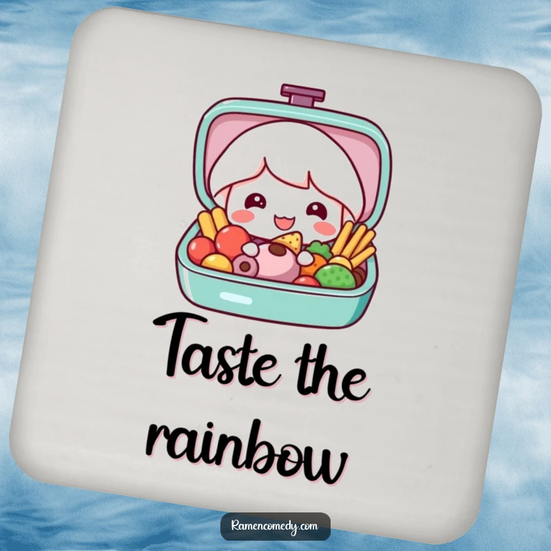 Funny bento box drink coaster showing a happy bento box character opening to reveal colorful food, protecting surfaces with style.