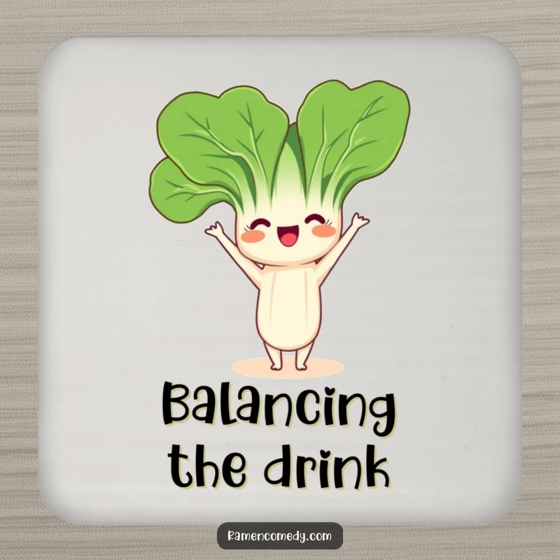 Funny Bok Choy Headstand Drink Coaster featuring a friendly bok choy character playfully balancing in a headstand, adding charm.