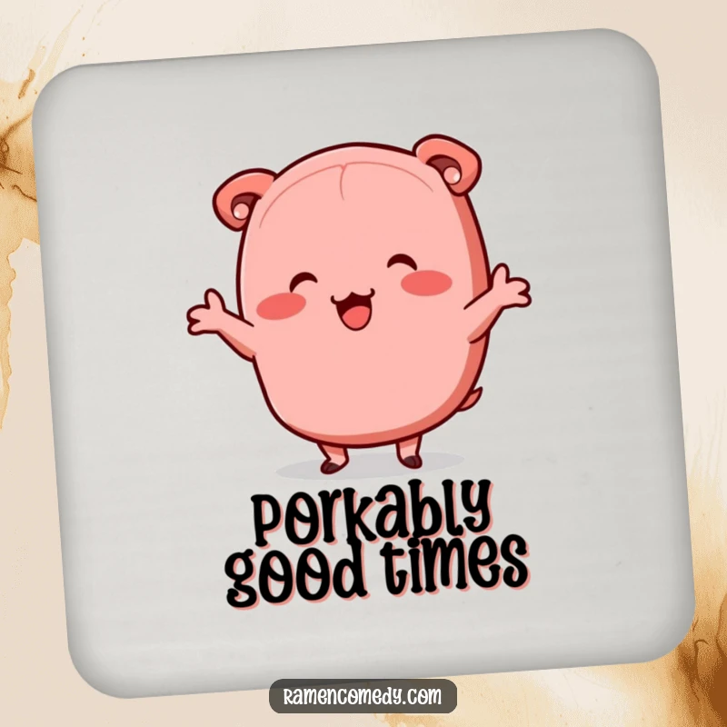 Funny chashu pork coaster, happy dancing slice, cute ramen character.