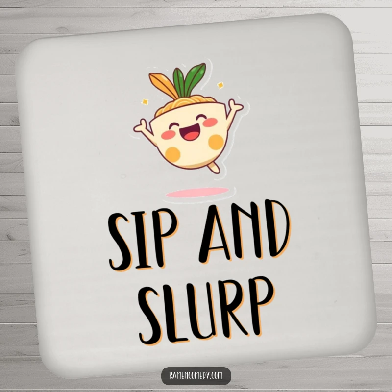 Funny happy ramen bowl character mid-jump, cute cartoon food drink coaster.