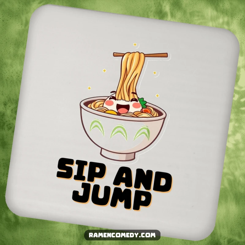 Funny Coaster featuring a steaming ramen bowl with a happy face jumping out, adding humor and protection to any surface.