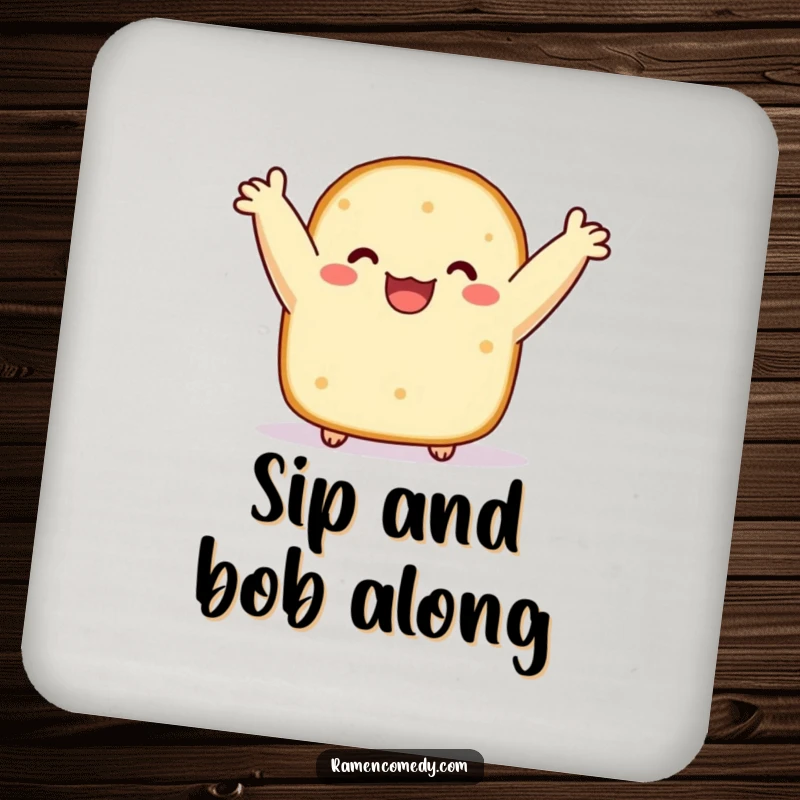 Funny drink coaster featuring a cheerful Nori sushi slice, arms up, bobbing happily. Protects surfaces with a splash of humor.