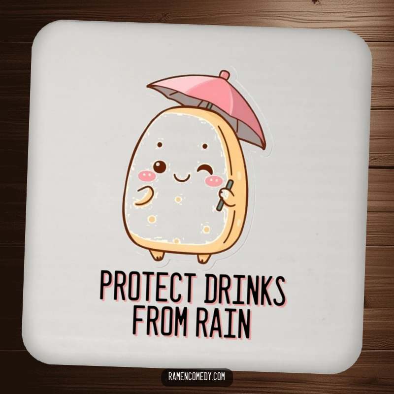 Funny onigiri drink coaster displaying a happy rice ball character with a small umbrella, adding humor to drink protection.