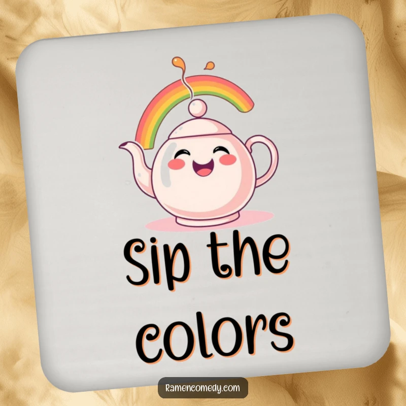 Funny Rainbow Teapot Drink Coaster featuring a cheerful teapot character comically spouting a vibrant rainbow, adding charm.
