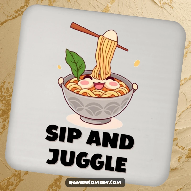 Funny ramen coasters showing a smiling noodle bowl juggling chopsticks and an egg, protecting tables with culinary humor.