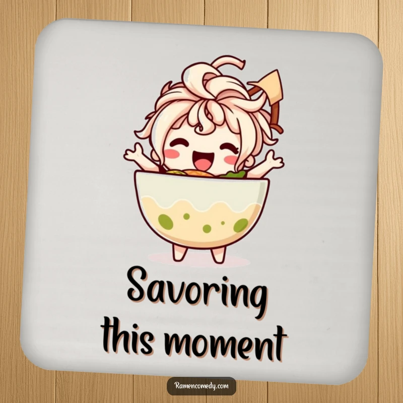 Funny drink coaster featuring a happy ramen bowl character with noodle hair dancing with pure, funny joy.