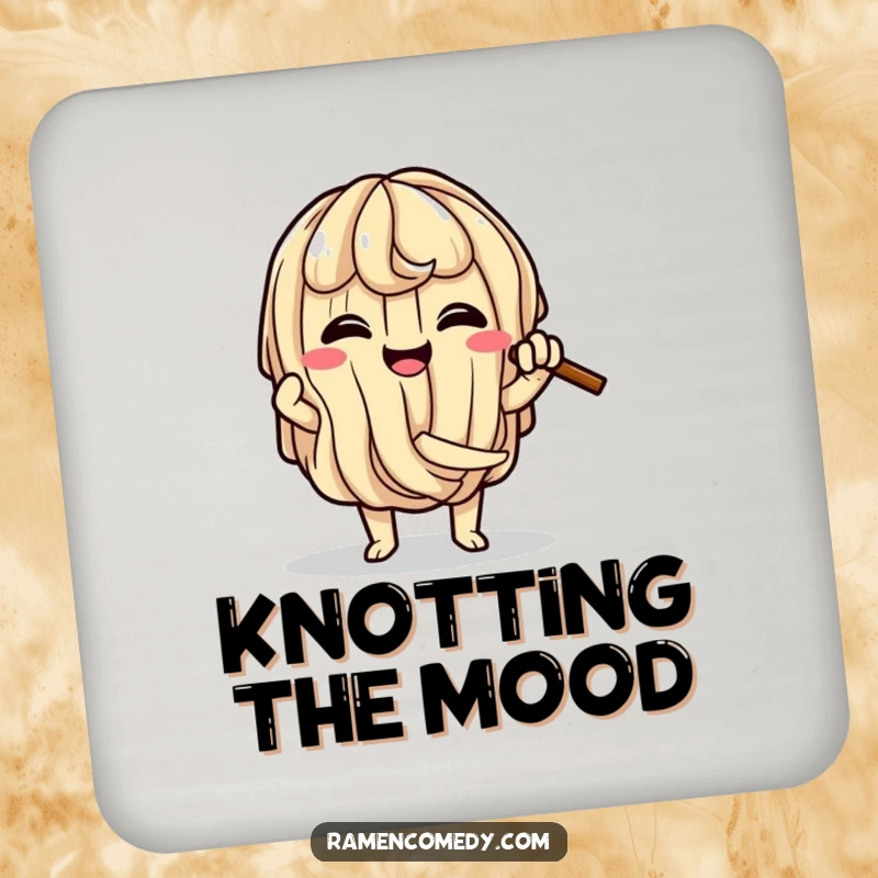 Funny Ramen Knot Drink Coaster featuring a happy ramen noodle character comically tying itself into a knot, adding charm.