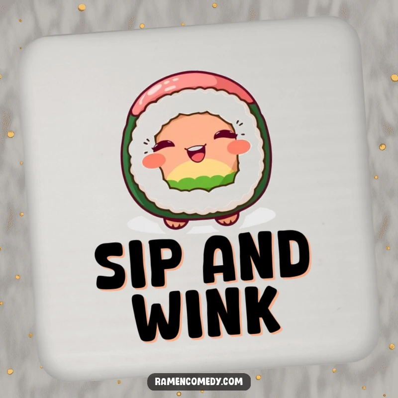 Funny drink coaster illustration of a cheerful sushi roll character playfully winking, adding humor to surfaces.