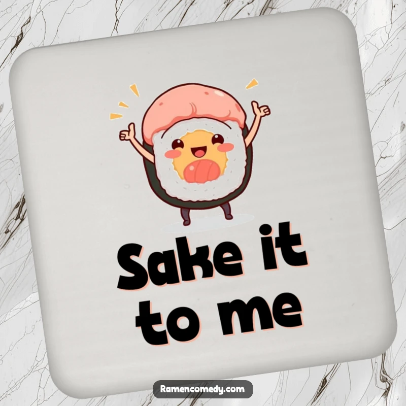 Funny drink coaster featuring a smiling sushi roll character doing a lively celebratory dance, protecting surfaces with style.