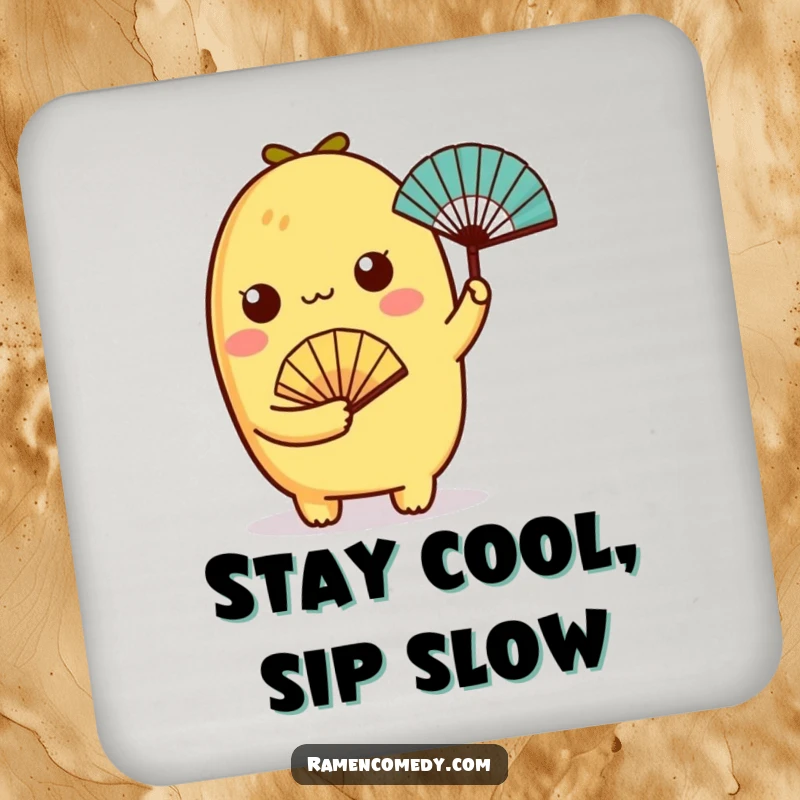 Funny tamagoyaki character holding a tiny fan on a drink coaster, protecting surfaces with charm.