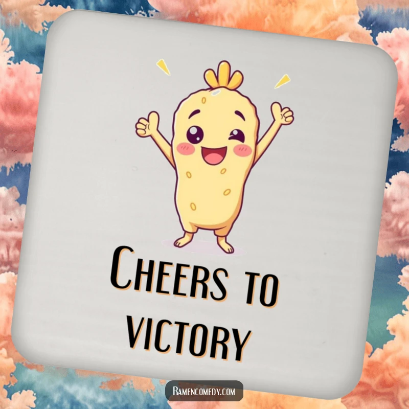 Funny Drink Coaster set showcasing a cheerful tempura character holding a victorious pose, offering protection and humor for beverages.