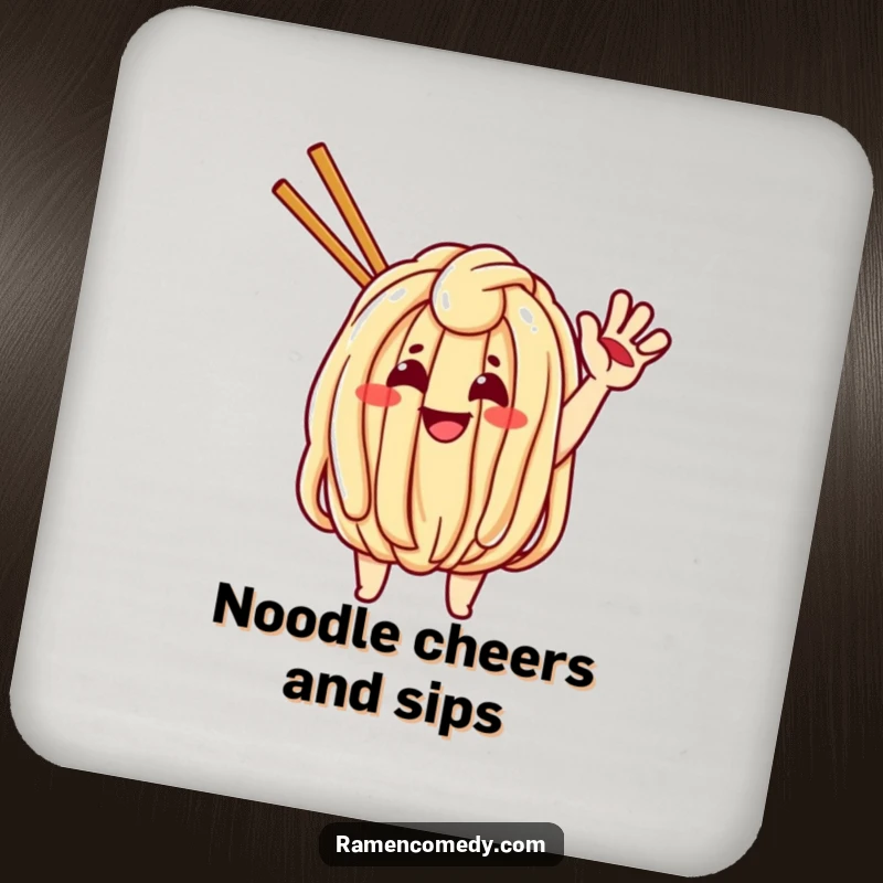 Funny drink coaster featuring a cheerful udon noodle character waving, protecting surfaces with food-themed flair.