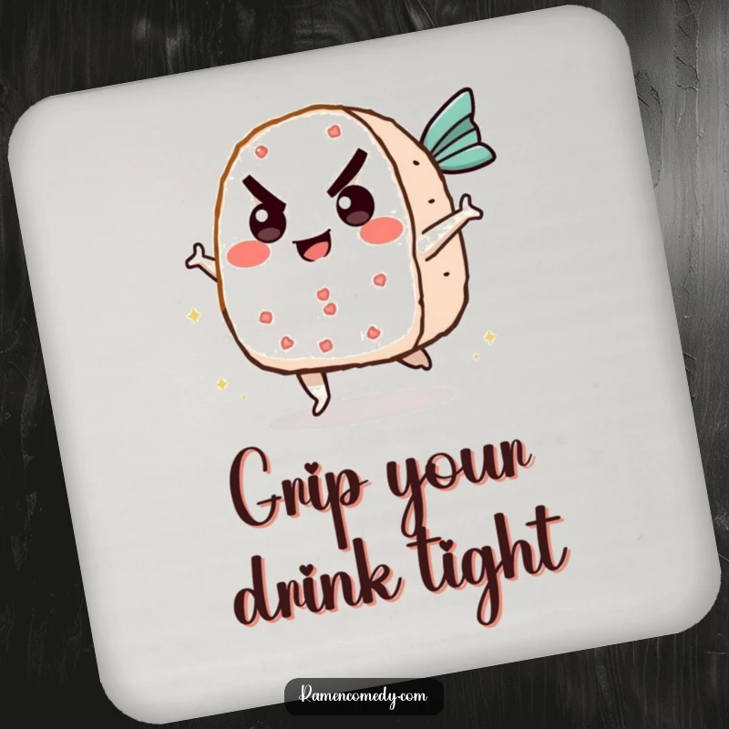 Funny onigiri coaster depicting a determined rice ball character kicking a flying fish cake, adding humor to any beverage setting.