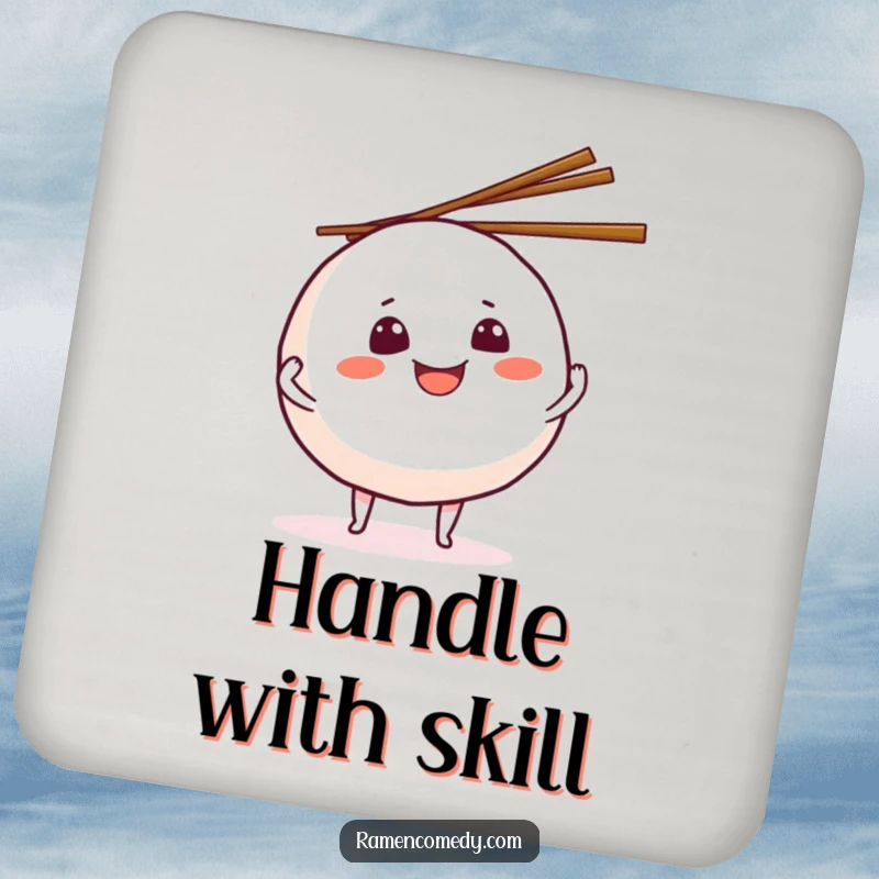 Funny grinning onigiri drink coaster, a cute food character juggling chopsticks, adding foodie humor to tables.