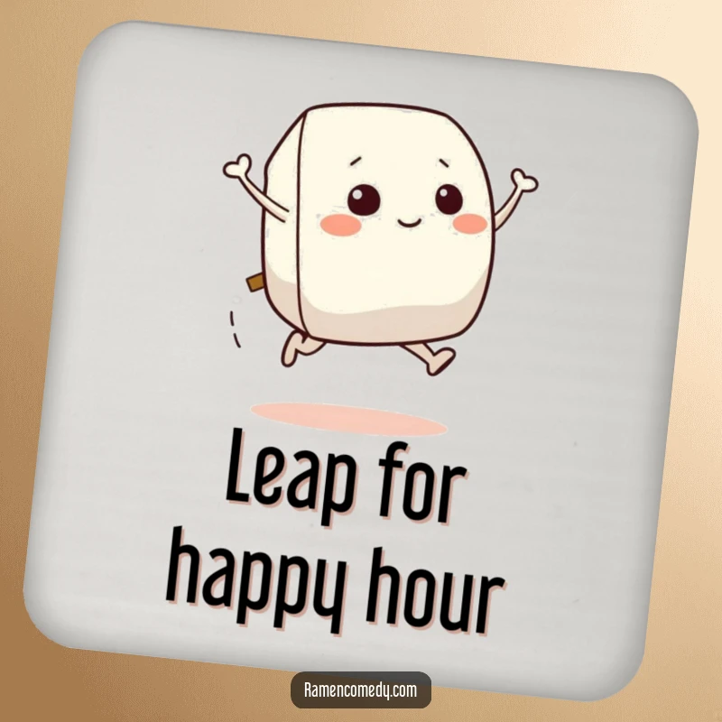 Funny drink coaster featuring a smiling onigiri character leaping, protecting surfaces with food-themed flair.