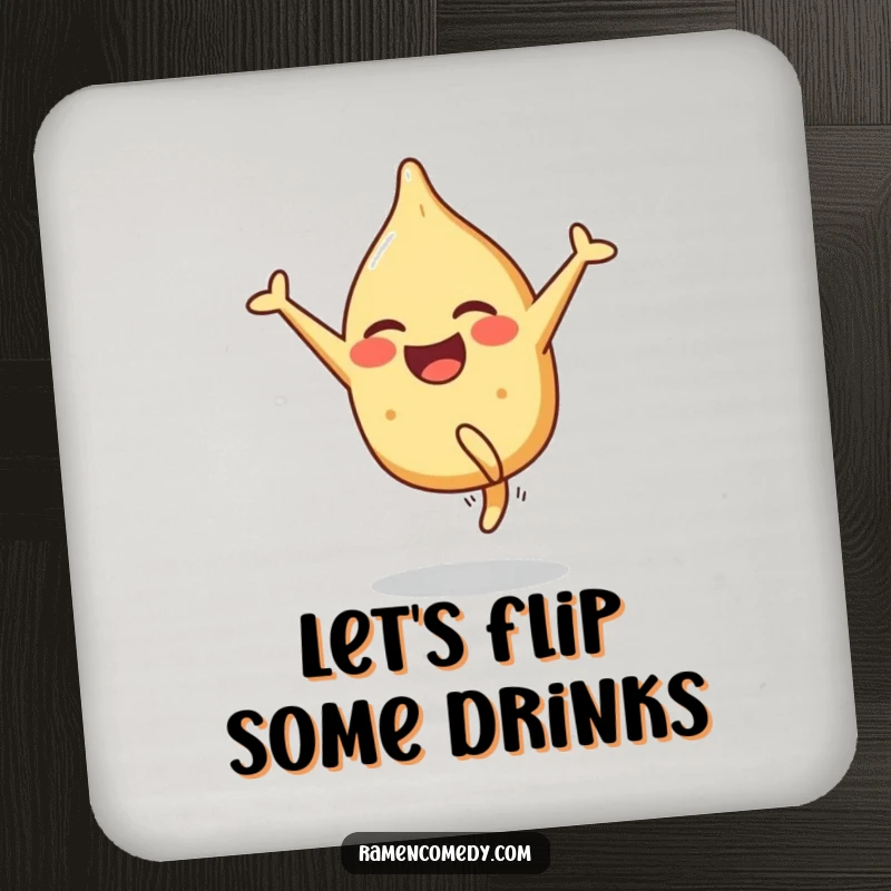 Funny drink coaster featuring a smiling gyoza character performing a cartwheel with pure, funny glee.