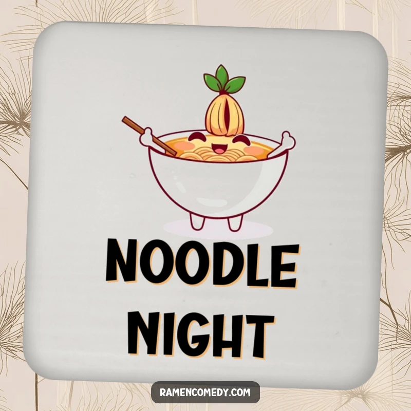 Funny drink coaster featuring a cheerful ramen bowl character waving with chopsticks as arms, protecting surfaces with style.