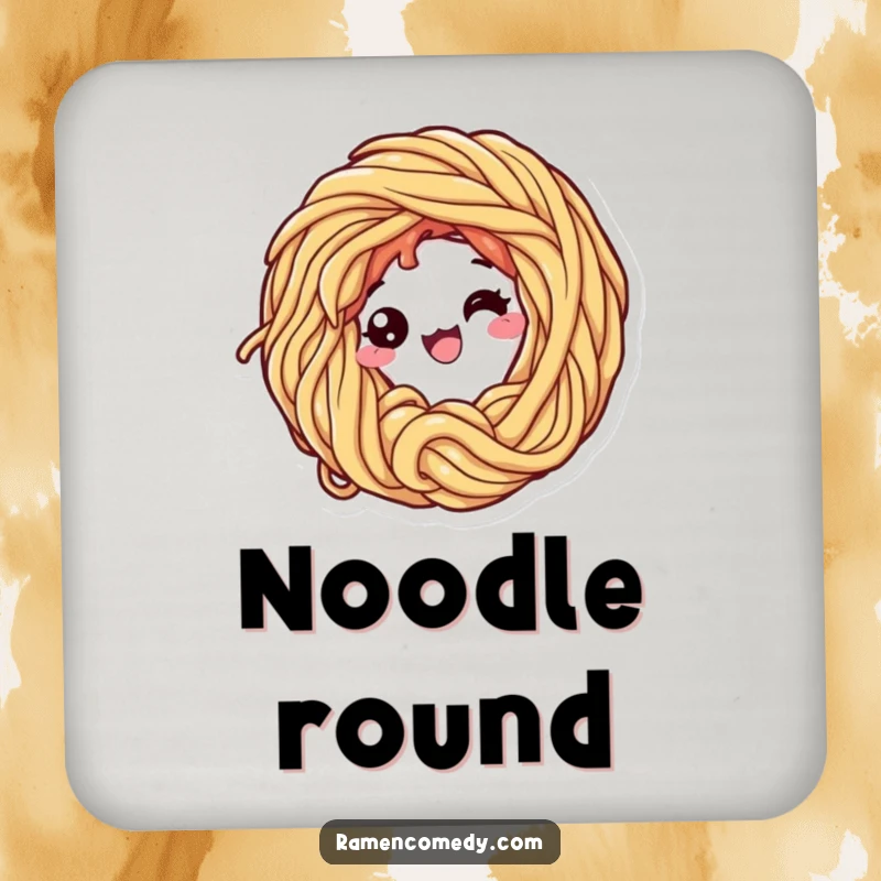 Funny drink coaster showing a happy ramen noodle character looping itself, adding artistic humor to tabletops.