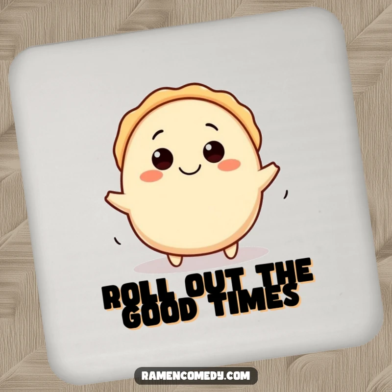 Funny gyoza coasters featuring a happy character rolling along, protecting tables with a dose of food humor.