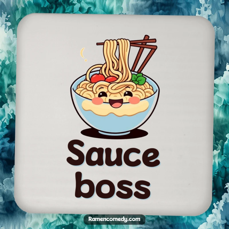 Funny drink coasters displaying a happy, wiggling bowl of noodles, protecting surfaces with a cheerful culinary vibe.