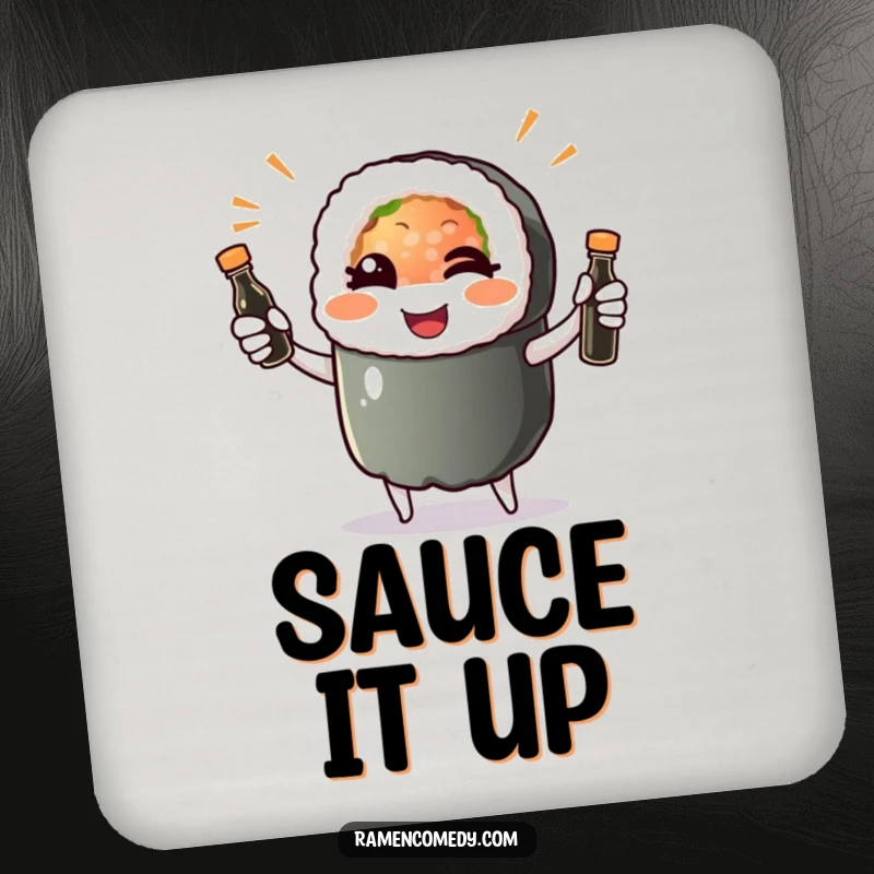 Funny sushi roll character winking and juggling soy sauce bottles, featured on absorbent and decorative drink coasters.