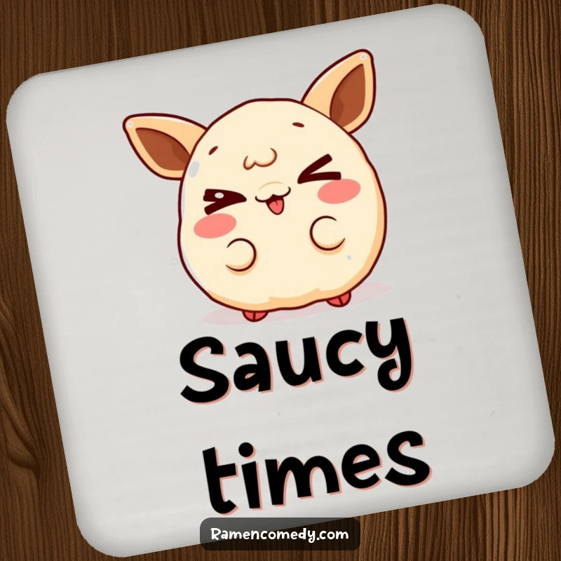 Funny gleeful gyoza drink coaster, a cute character winking, adding playful humor to tables.