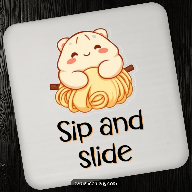 Funny dumpling coaster depicting a smiling dumpling character sliding down a noodle, adding playful charm to any table setting.