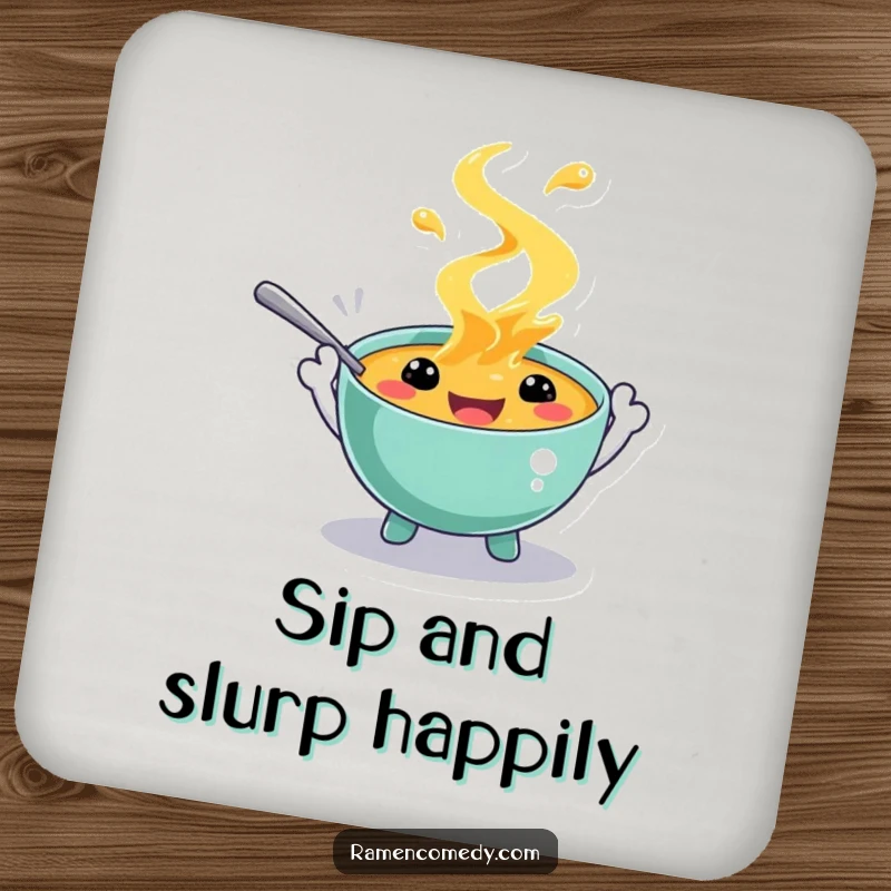 Funny drink coaster featuring a playful soup character with spoon hands, splashing with glee. Protects surfaces with a humorous touch.