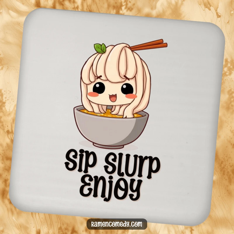Funny Coaster: A happy udon noodle comically sneaks a sip of broth, bringing fun and noodle humor to your drinks.