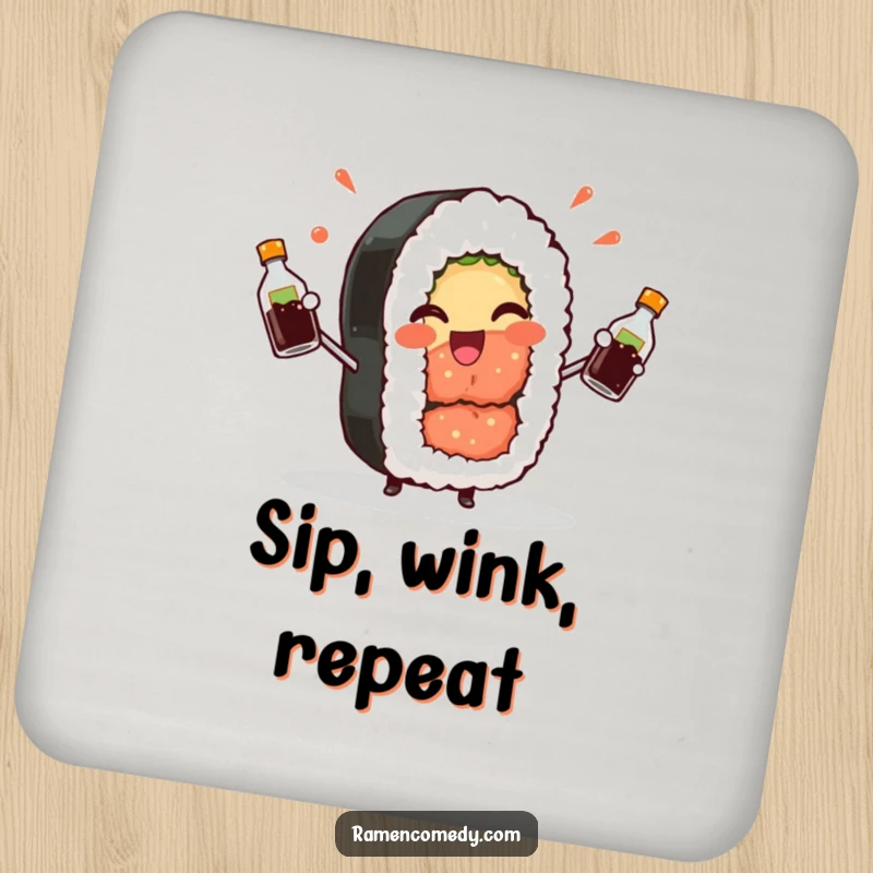 Funny Sushi Roll Coaster: A cheerful sushi roll winks playfully while juggling soy sauce, adding food-themed charm.