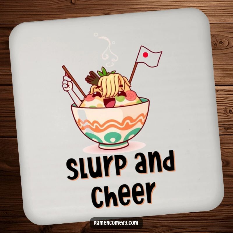 Funny ramen bowl character, steaming and waving a flag, featured on absorbent and decorative drink coasters.